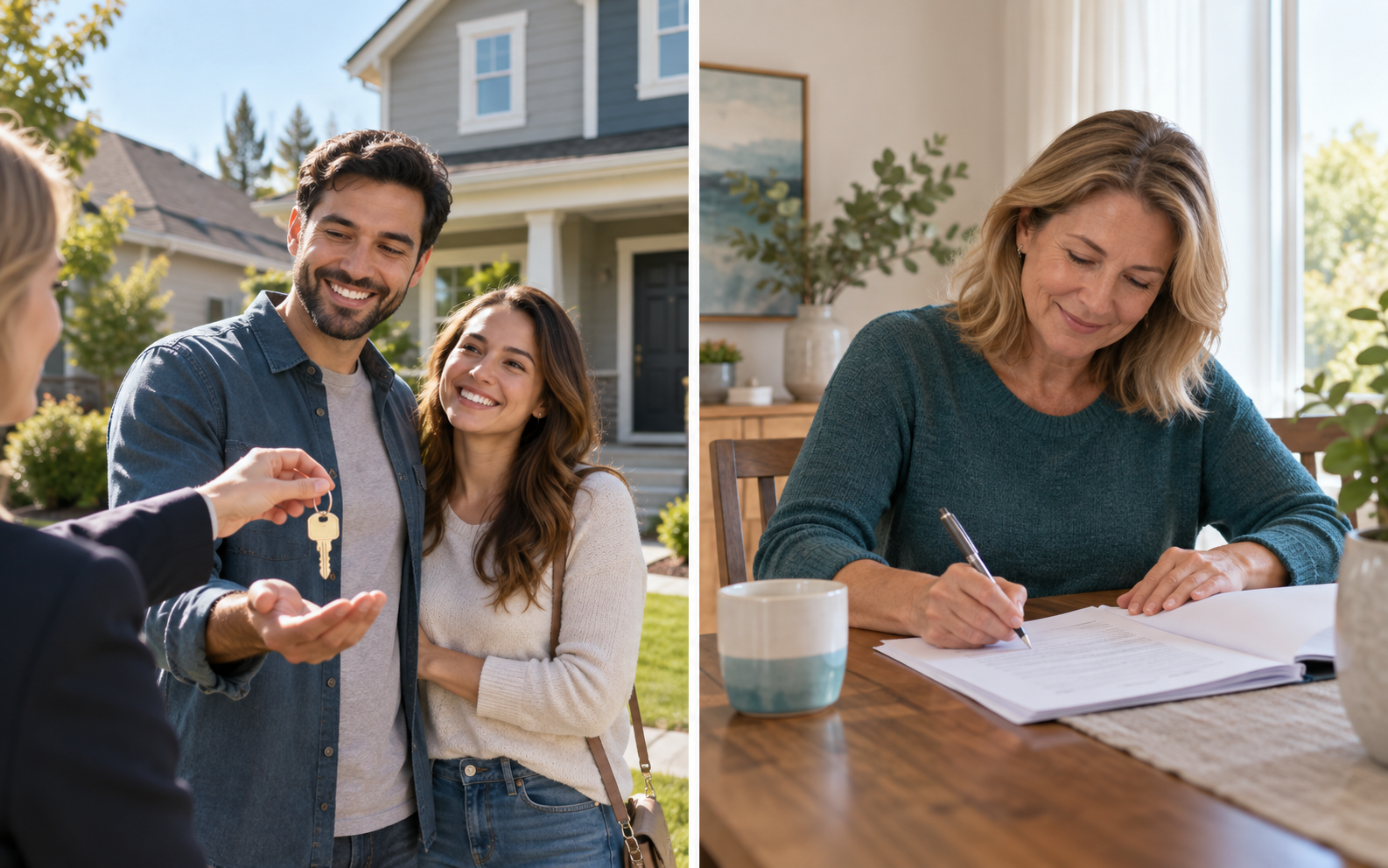 New homeowners receiving keys outside a house and a seller signing paperwork